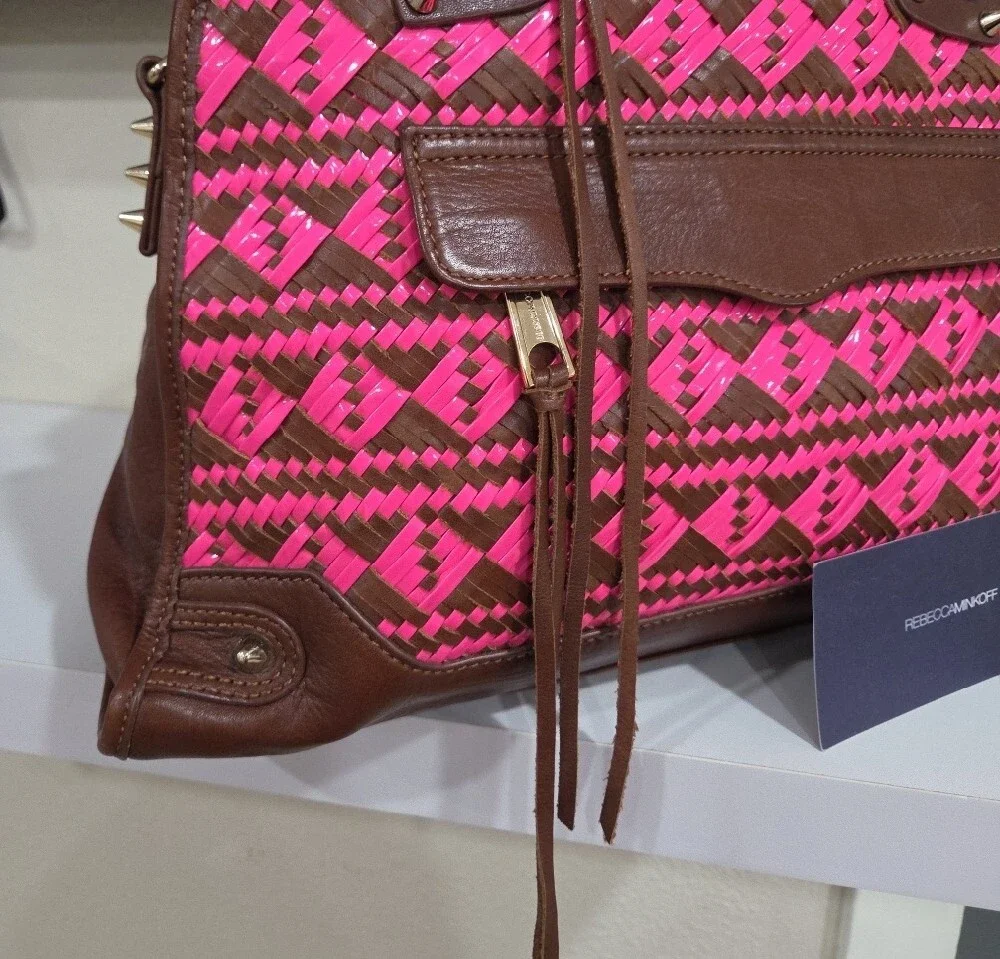 Rebecca Minkoff Pink and Brown Woven Satchel with Leather Trim Original Dust Bag